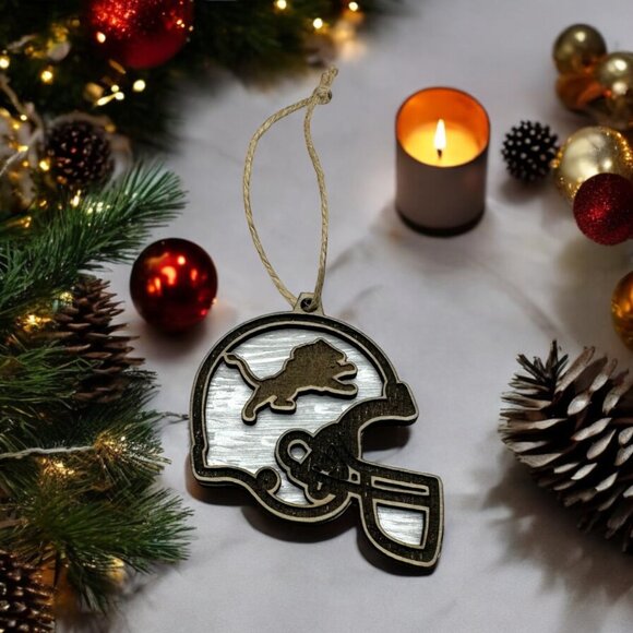 Detroit Lions Football Helmet Ornament | Laser Engraved Basswood - Picture 2 of 3
